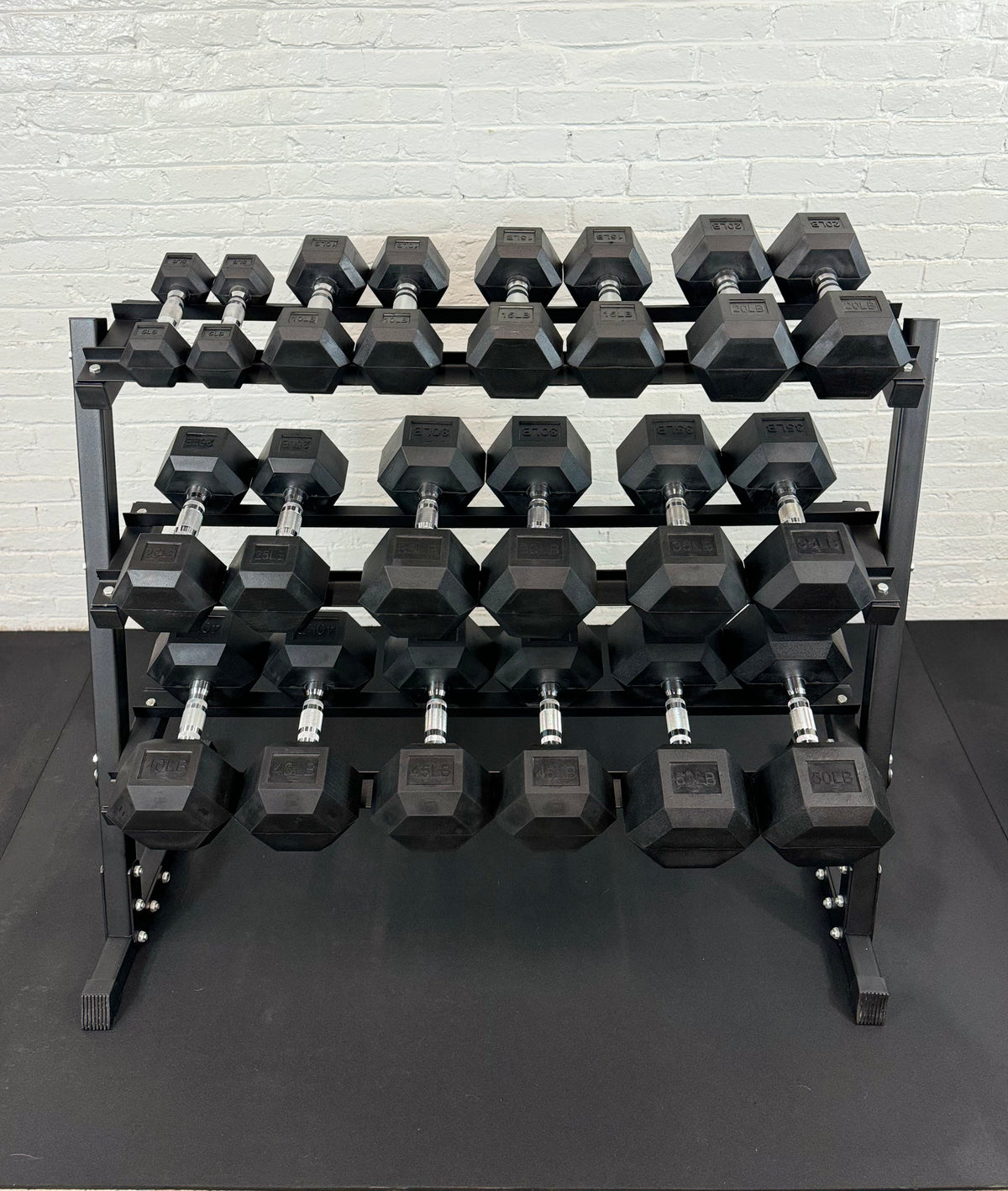 5–50LB Rubber Hex Dumbbell Set + Rack
