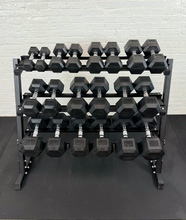 5–50LB Rubber Hex Dumbbell Set + Rack