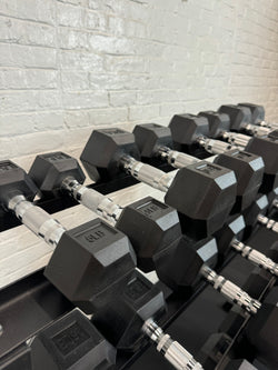 5–50LB Rubber Hex Dumbbell Set + Rack