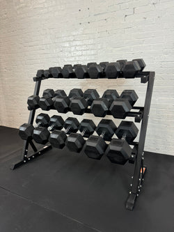 5–50LB Rubber Hex Dumbbell Set + Rack