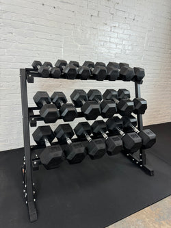 5–50LB Rubber Hex Dumbbell Set + Rack